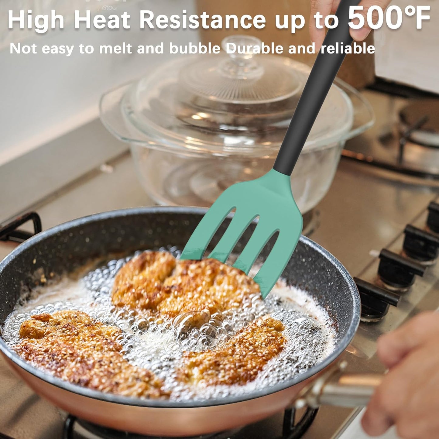 Coukre Silicone Spatula Set of 3, High Heat Resistant, BPA-Free, Kitchen Utensils, Fish Spatula, Solid & Slotted Turner for Non-Stick Pans, Flipping Eggs, Pancakes, Fish, Burgers (3, AquaGreen)