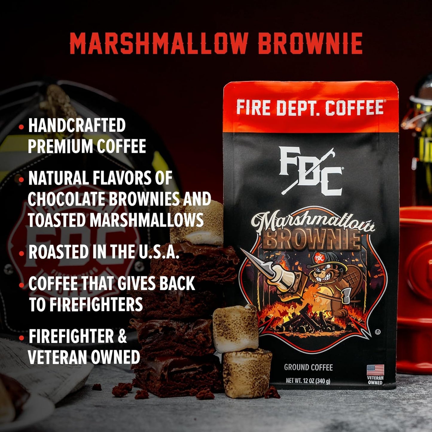 Fire Department Coffee - Gives Back to Firefighters - Marshmallow Brownie Coffee Beans - Roasted in the USA - Premium Whole Bean - Veteran Owned - 12 oz