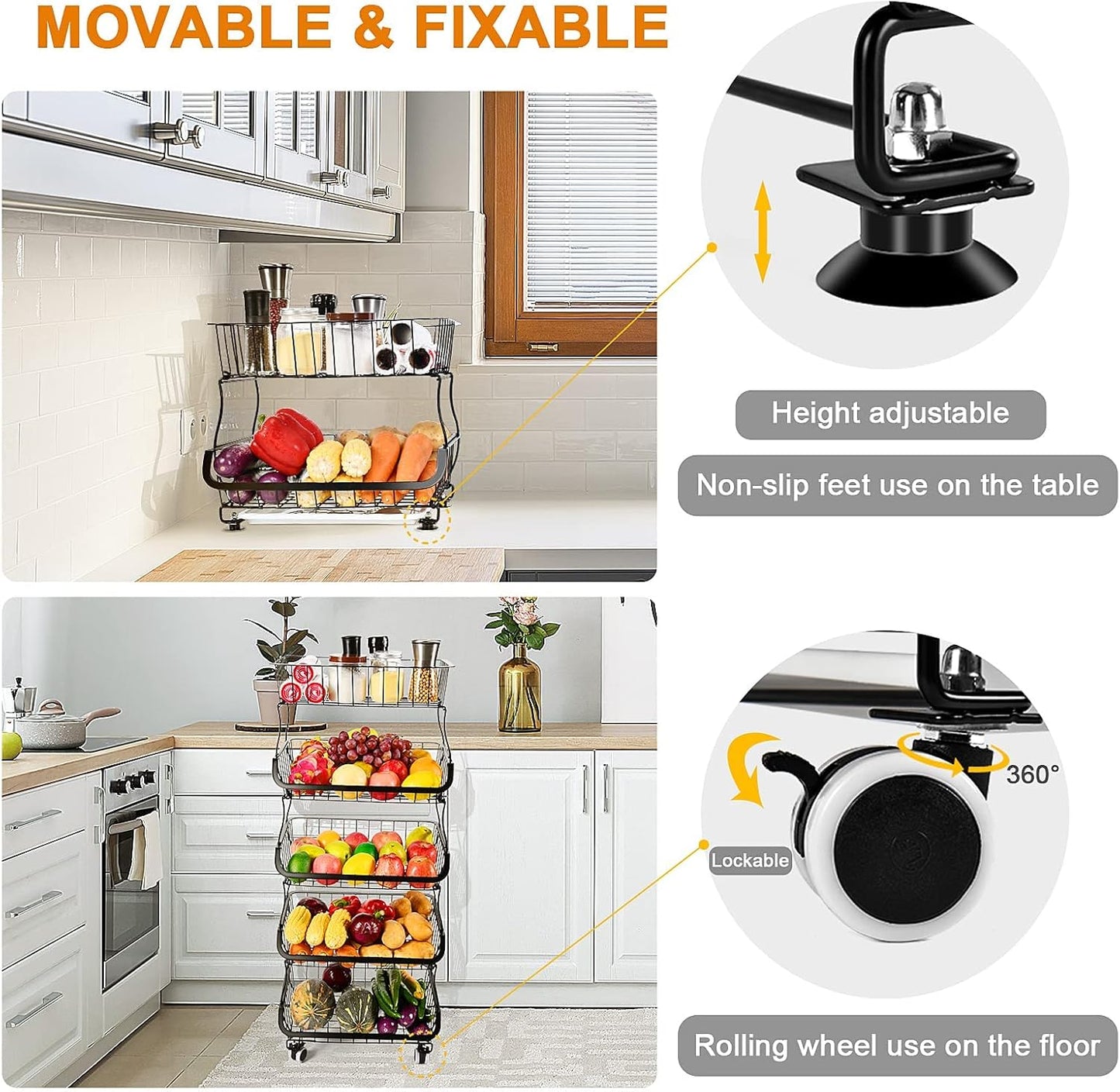 Fruit Vegetable Storage Basket, 5 Tier Stackable Metal Wire Storage Baskets with Wheels, Fruit Vegetable Produce Basket Organizer Bins for Kitchen, Pantry, Bathroom