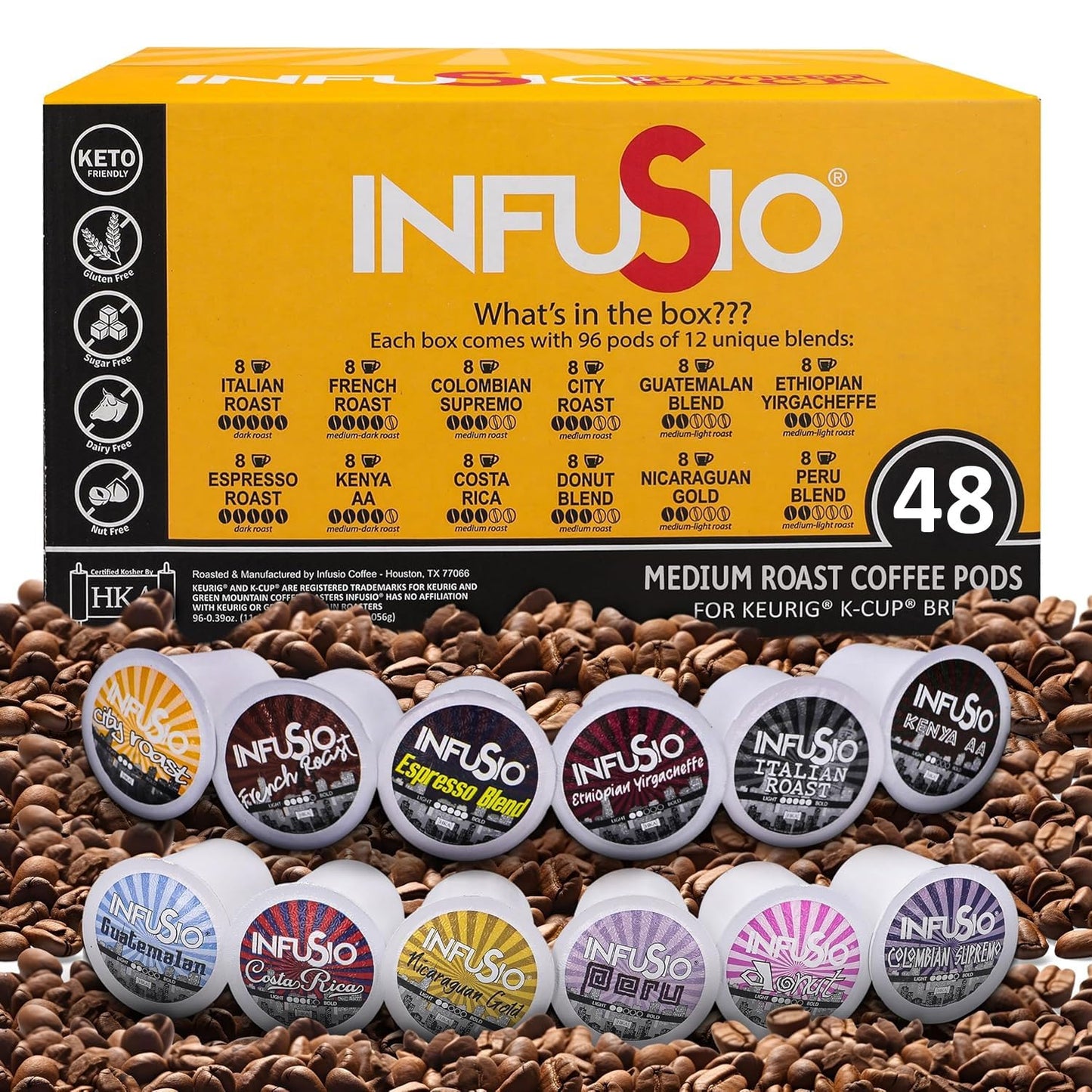 InfuSio Coffee Pods Variety Pack – 48 Count, 12 Sophisticated Medium & Dark Roast Blends, Crafted Blends Collection – Premium Single-Serve Coffee, Compatible with Keurig K-Cup 2.0