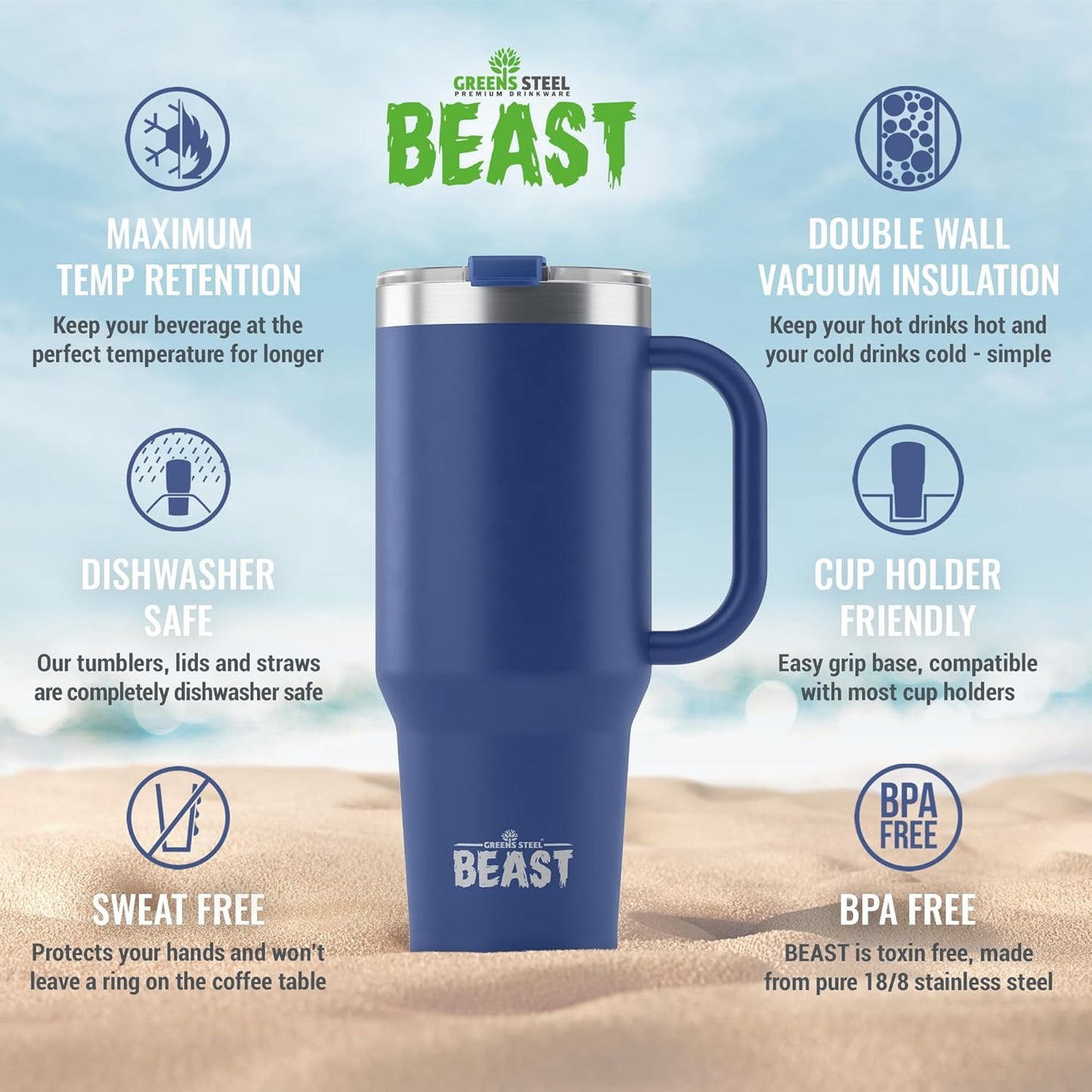 Beast 50 oz Tumbler Stainless Steel Vacuum Insulated Coffee Ice Cup Double Wall Travel Flask (Royal Blue)