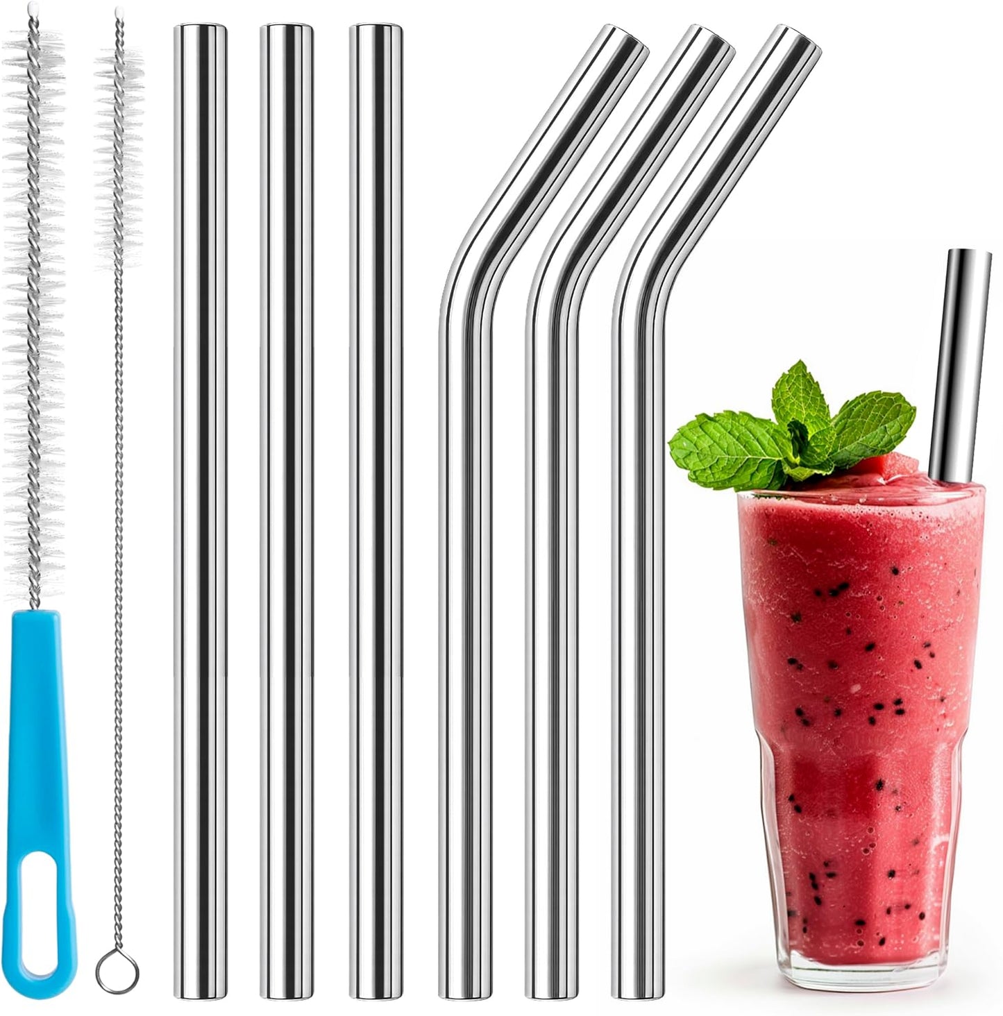 Stainless Steel Smoothie Straws, 0.47" Extra Wide Reusable Metal Drinking Straight & Bent Straws for Milkshake, Bubble Tea, Beverage