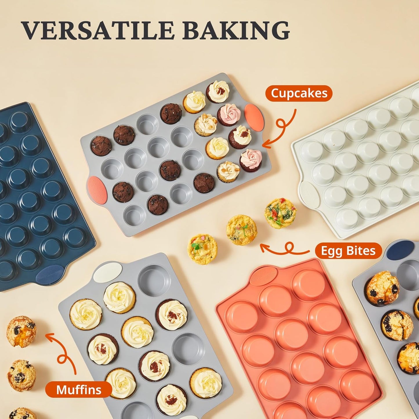 BRONYPRO Ceramic Muffin Pan, 12-Cup and 24-Cup Nonstick Aluminized Steel Mini Cupcake Pans, Healthy Non-Toxic Ceramic Coating Muffin Tin, 2 Pack Cup Cake Pans for Baking Blue