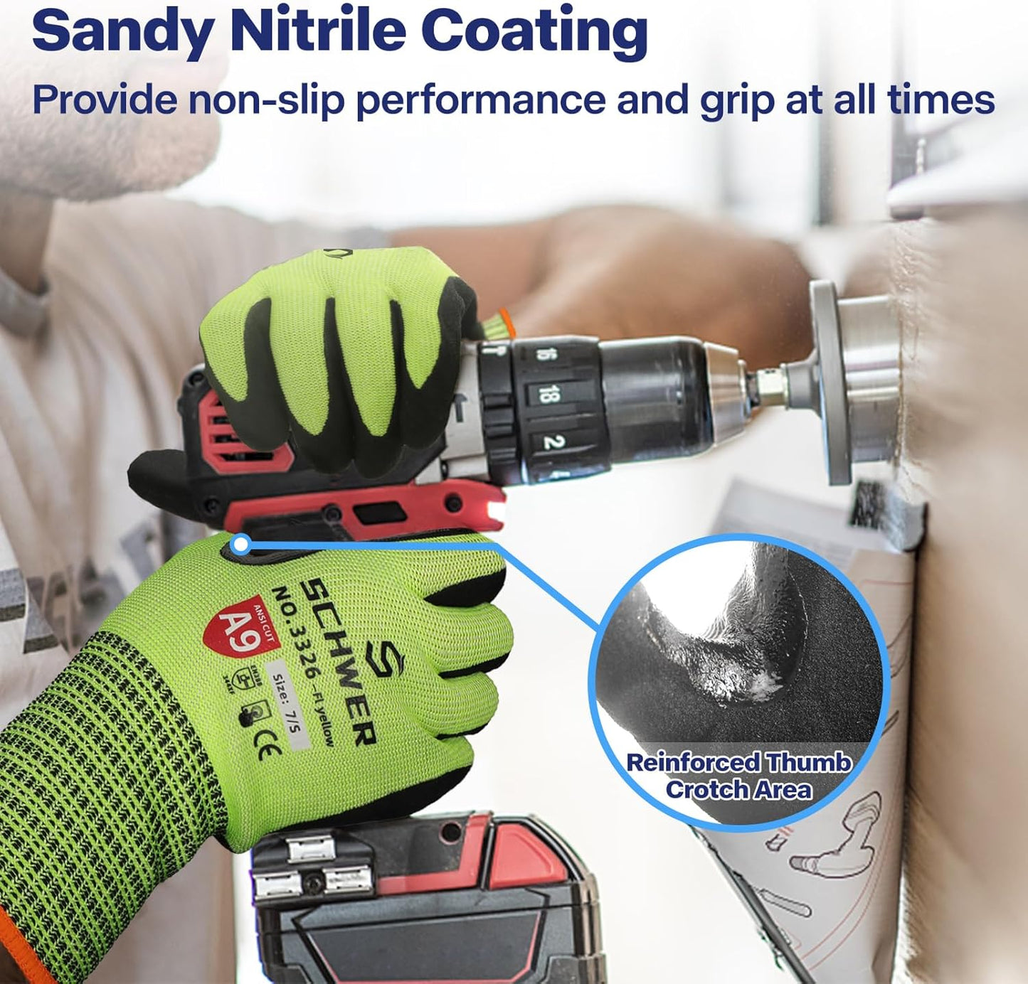 Schwer ProGuard Highest Level Cut Resistant Work Gloves PR3326 for Extreme Protection, ANSI A9 Working Gloves with Sandy Nitrile Coated, Touch-screen, Durable, Washable, Non PFAS, Yellow 1 Pair L