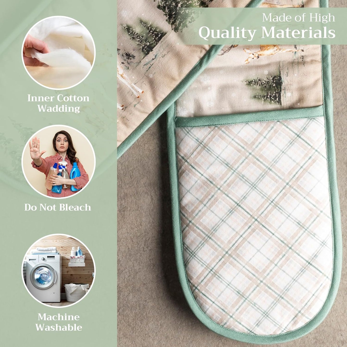 Maison d' Hermine Double Oven Mitt 100% Cotton Heat Resistant Cooking Gloves with Loop, Baking Barbeque, Handling Hot Pan, Deen in The Woods - Thanksgiving/Christmas (7 Inch x 35 Inch)