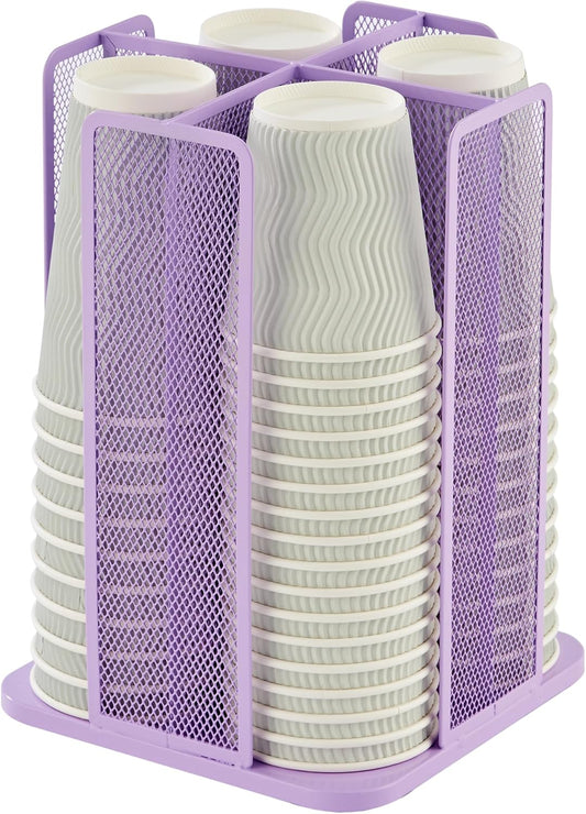 Annova Paper/Plastic Cup and Lid Holder Plastic Storage Organizer, 360°Rotating Coffee Mup Dispenser with 4 Compartments, Multifunctional Storage Rack for Home, Office, Bar, Coffee Shop (Lilac)