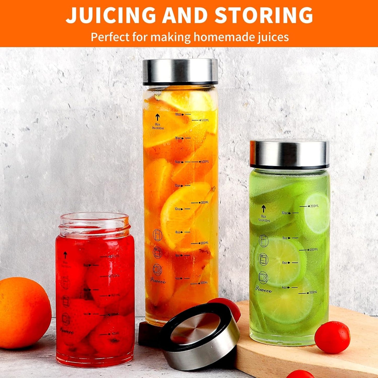 Glass Juice Bottles 4 Pack 16 oz - Wide Mouth Glass Water Bottles with Lids - for Juicing, Protein, Smoothie, Milk, Reusable, BPA Free, Stainless Steel Lids, Blender, Shaker Bottle [16oz/500ml]
