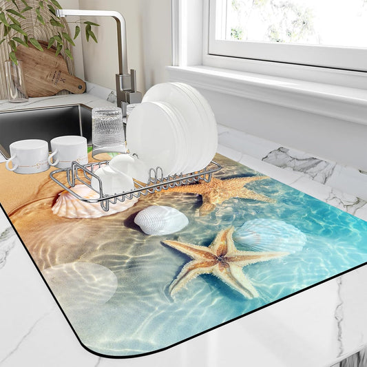Dish Drying Mat Summer Beach Starfish Seashell Kitchen Mat 12"x19" Bsorbent Coffee Maker Mat for Dishes,Utensils Coffee Maker Pots and Pans Easy Clean Dish Slip Resistant Pad