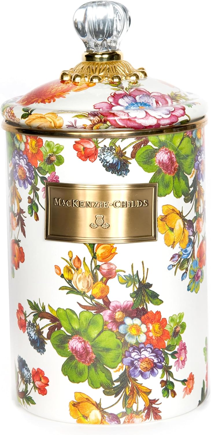 MACKENZIE-CHILDS Large Enamel Canister, Kitchen Storage Container for Flour and Sugar, 1.89 Liters, White Flower Market