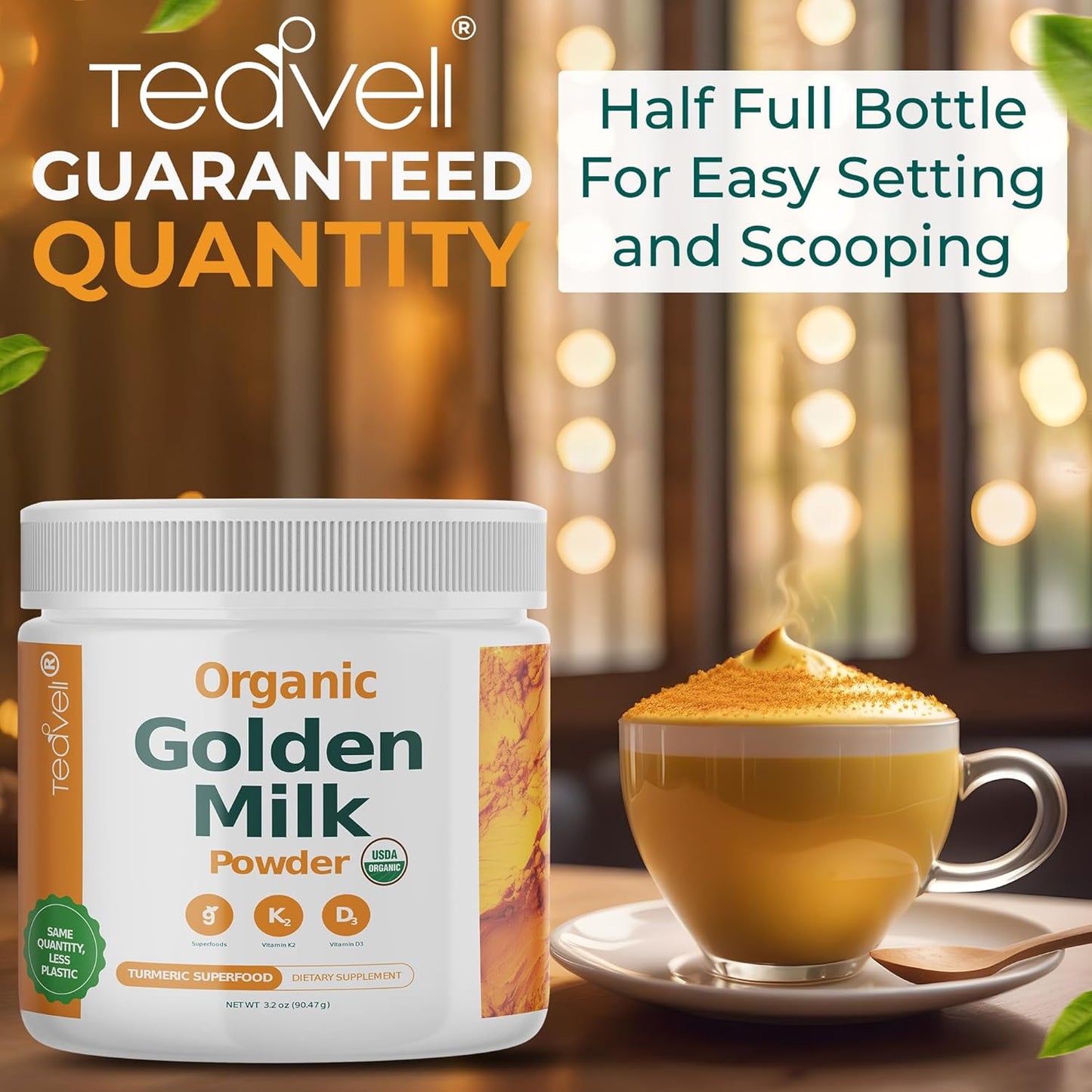 Organic Golden Milk Powder with Vitamins D3 & K2, Turmeric, Ginger, Curcumin, Cinnamon, KSM66 Ashwagandha, Holy Basil & Natural Prebiotics– Delicious Unsweetened Turmeric Tea Latte- 30 Servings