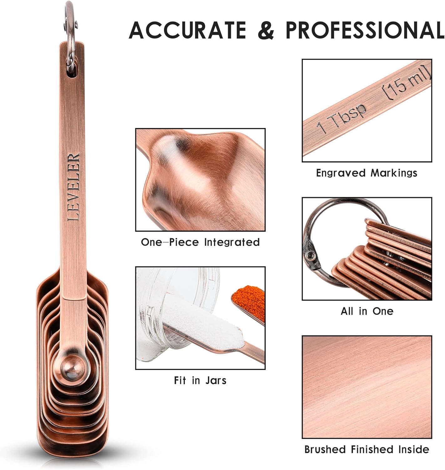 Smithcraft Copper Measuring Spoons Set 10, Stainless Steel Measuring Spoons with Leveler, Metric & US Metal Measuring Spoons fro Baking & Kitchen, Dry&Liquid Long Handle Measruing Spoons for Spice Jar