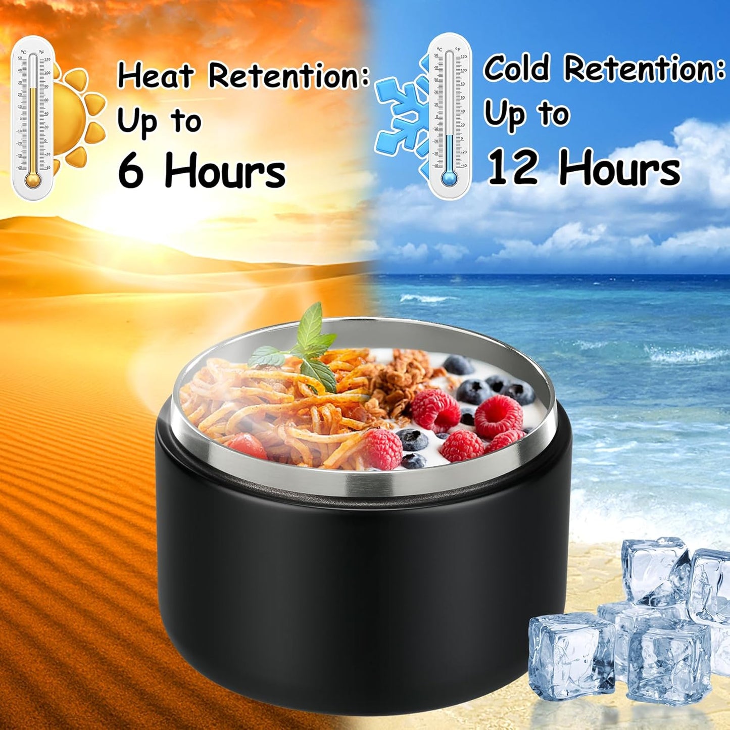 12oz Insulated Vacuum Food Jar with Buckle Lid Wide Mouth Soup Thermo for Hot Food Kids Leakproof Stainless Steel Lunch Container- Black- 1Pack