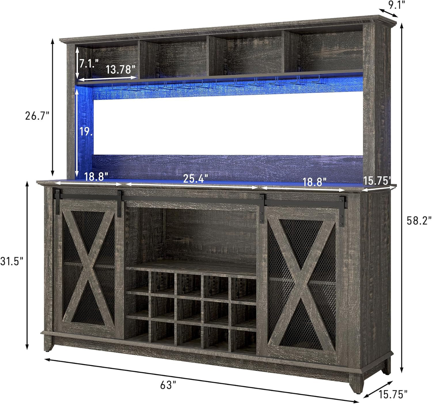 63"W Farmhouse Coffee Bar Cabinet with LED Light,Wine Bar Cabinet w/ 4 Tier Storage Hutch,Kitchen Buffet Cabinet w/Sliding Barn Door & 15 Wine and Glass Racks for Kitchen Dining Room(Dark Rustic Oak)