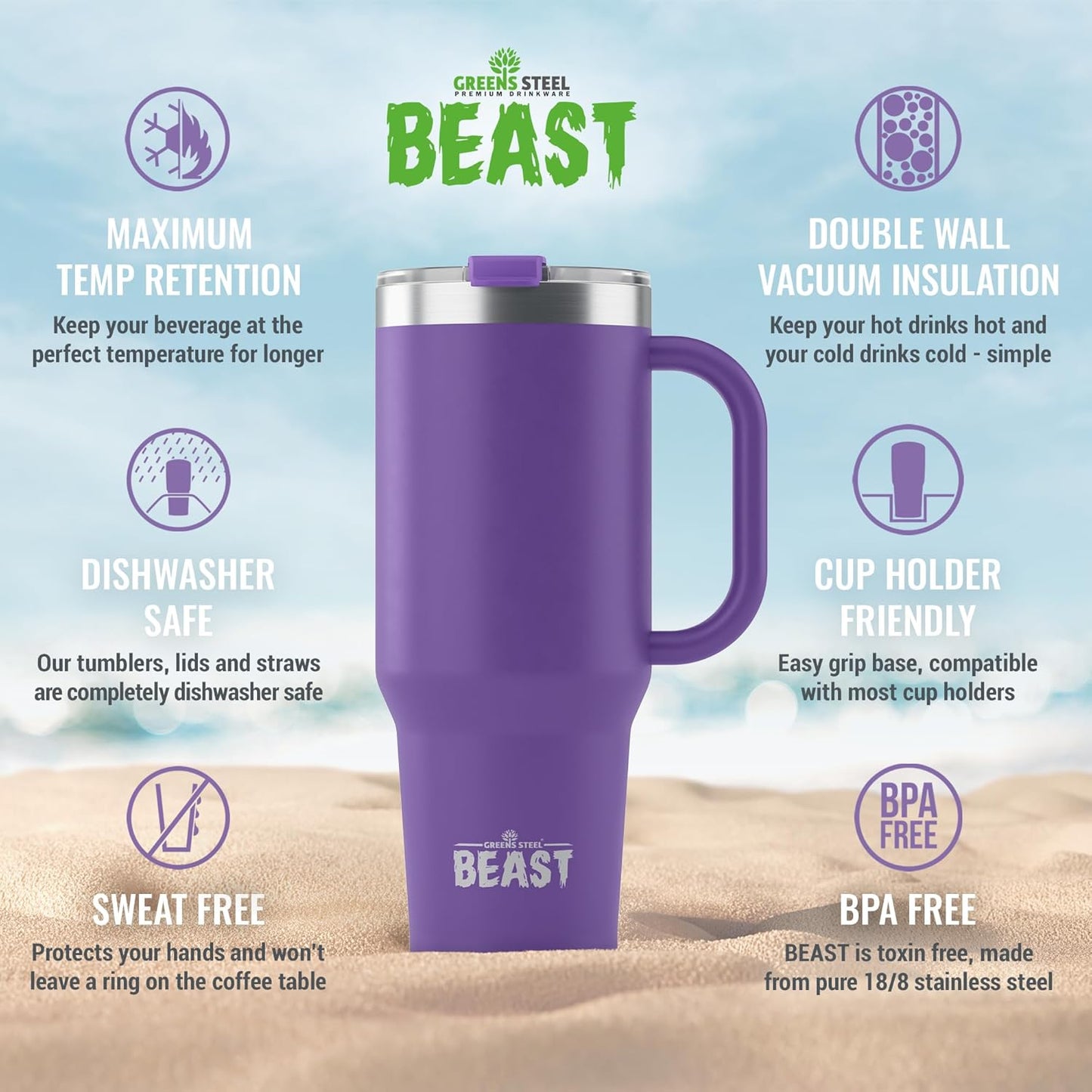 Beast 50 oz Tumbler Stainless Steel Vacuum Insulated Coffee Ice Cup Double Wall Travel Flask (Deep Purple)