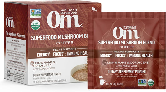 OM MUSHROOM SUPERFOOD Coffee Blend Mushroom Powder, Single Serve, 10 Count, Organic Arabica Beans, Lion's Mane, Cordyceps, Turkey Tail, Reishi Extract, Ginkgo Biloba, Supports Energy and Focus