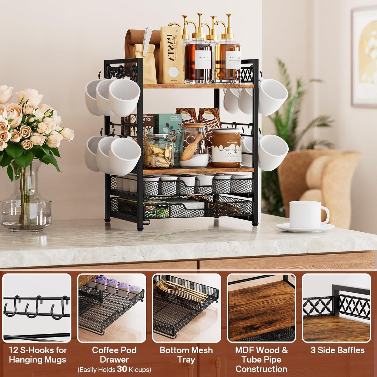 Coffee Bar Organizer Countertop Station Shelf - 4 Tier Mug Holder Stand With 12 Hooks, 30 K Cup Pod Drawer, Multifunctional Shelf for Accessories Kitchen