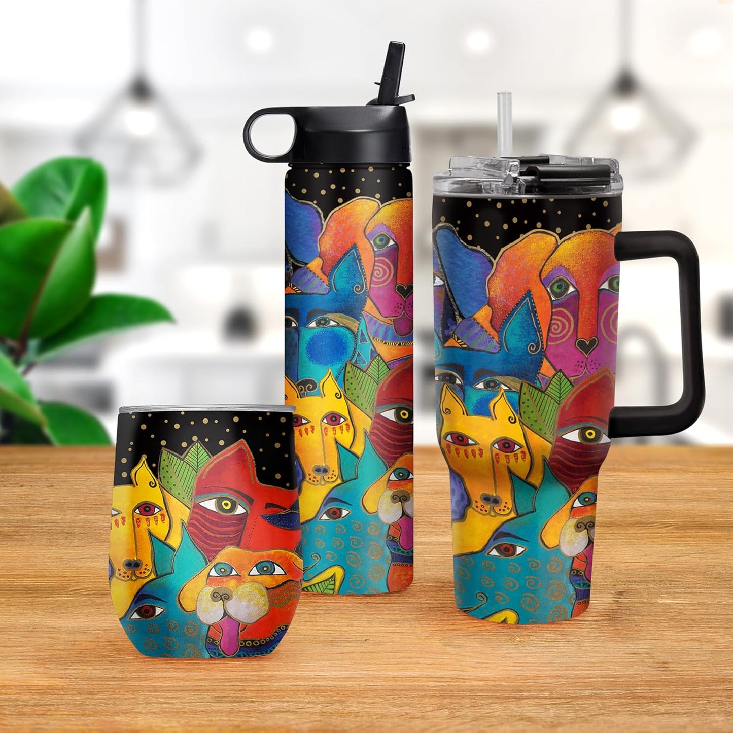 RainCaper 18/8 Stainless Steel Insulated Water Tumbler with Straw | 30oz, BPA-Free, Double Wall for Hot & Cold | Travel-Friendly, Cup Holder Ready (Laurel Burch Dog)