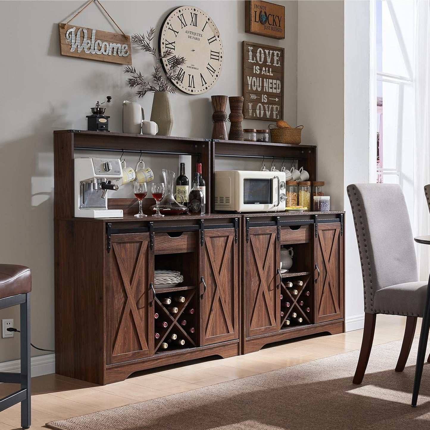 Wnutrees Farmhouse Coffee Bar Cabinet with Charging Station and USB Ports, Sliding Barn Door, 39" Kitchen Hutch Sideboard Buffet Storage Cabinet, Fits Kitchen Dining Living Room, Brown