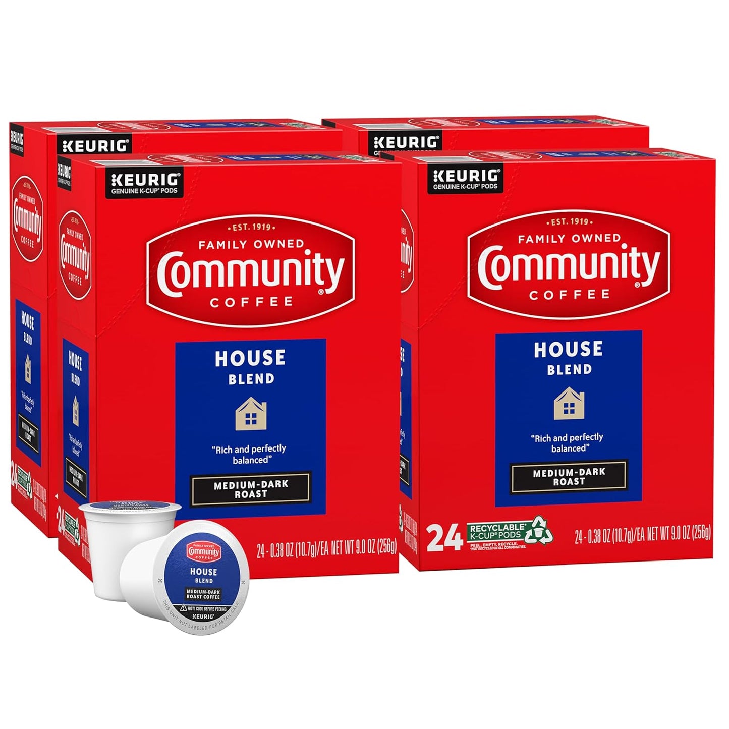 Community Coffee House Blend 96 Count Coffee Pods, Medium Dark Roast, Compatible with Keurig 2.0 K-Cup Brewers, 24 Count (Pack of 4)