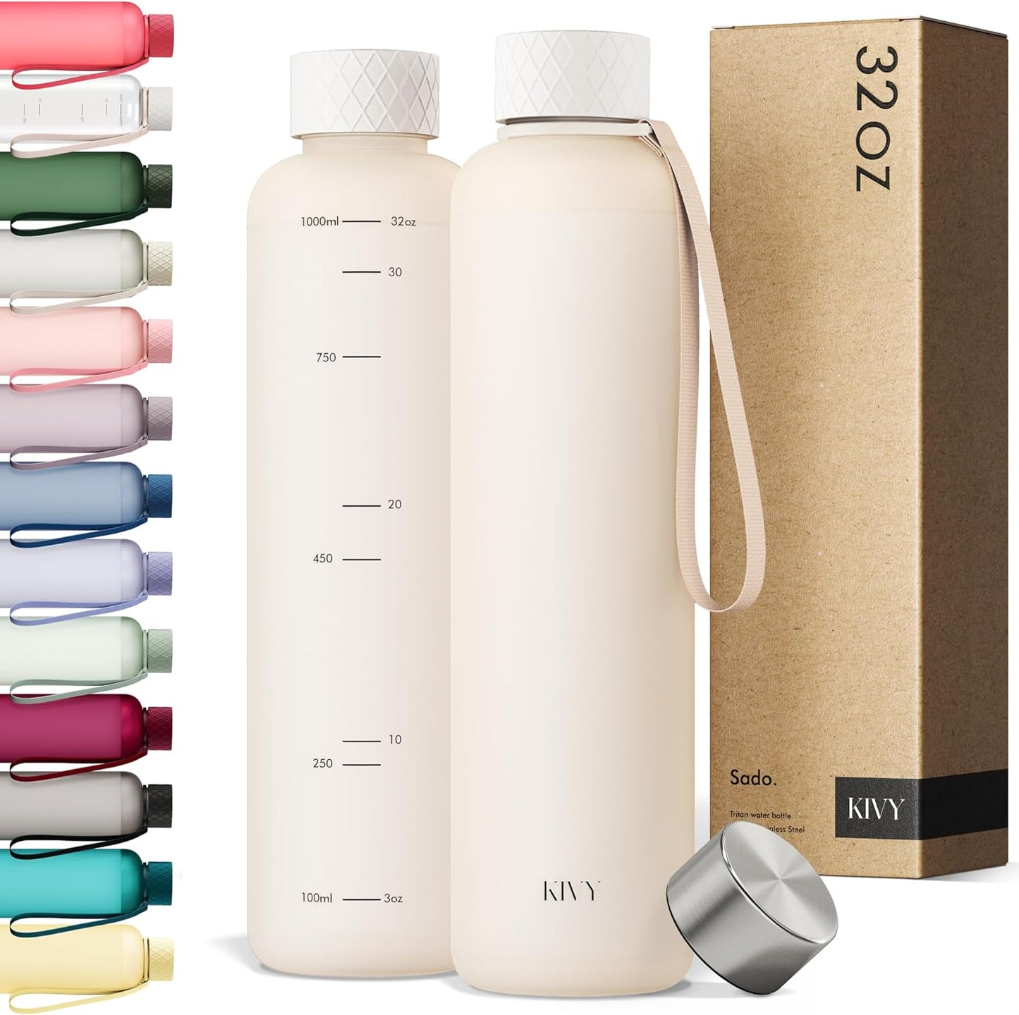 KIVY Slim Water Bottle 32oz [Lightweight & Shatterproof] Fits Backpack & Cupholder for Travel, Sports, School - Beige water bottle no straw - Cute aesthetic water bottles screw top - Dishwasher Safe