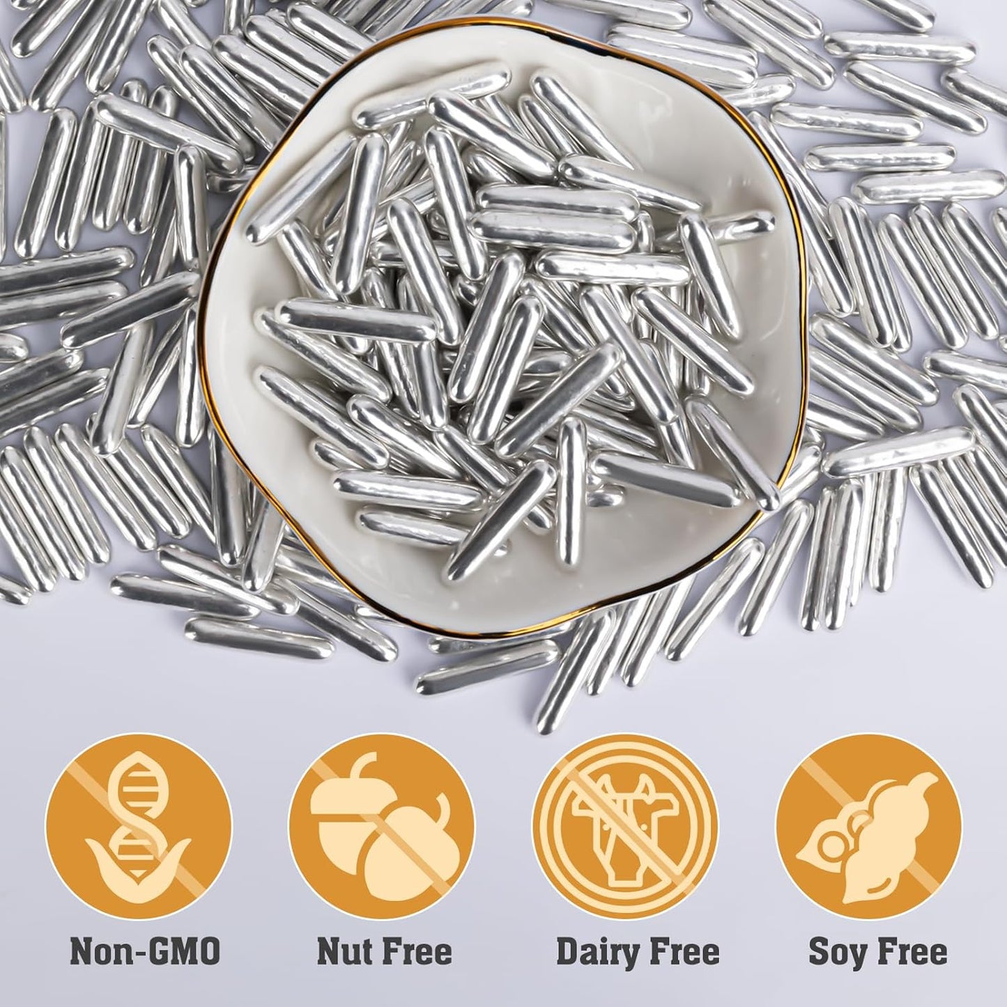 Twisweet Silver Rods Sprinkles, Edible Sugar Sprinkles for Cake Decorating, Candy Rods for Baking Cake Topper Ice Cream Cupcake Cookie Donut Decorations, Wedding Valentines Birthday Party Christmas Easter Supplies (130g/4.58oz)