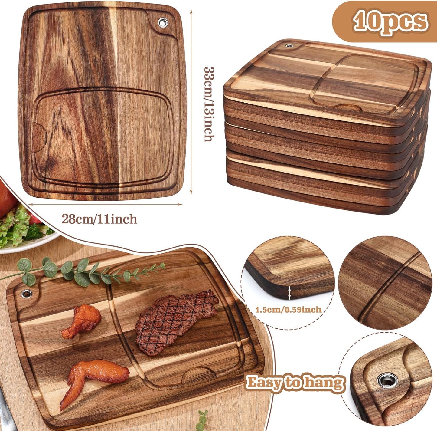 Uiifan 10 Pcs Steak Plates with Juice Channel Wooden Steak Board Set Acacia Cutting Serving Board for Home Serving Eating Meat Dishes Snack Dessert, 13 x 11 x 0.6 Inch