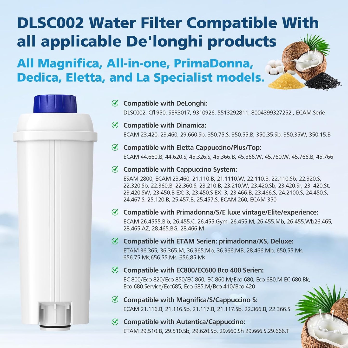DLSC002 Water Filter Replacement Compatible With Delonghi Coffee Machine Filter Activated Carbon Softener For De'longhi Magnifica evo, Dinamica, Eletta, ECAM, ESAM, ETAM, Bco410/420, Ec680/800, 2 Pack