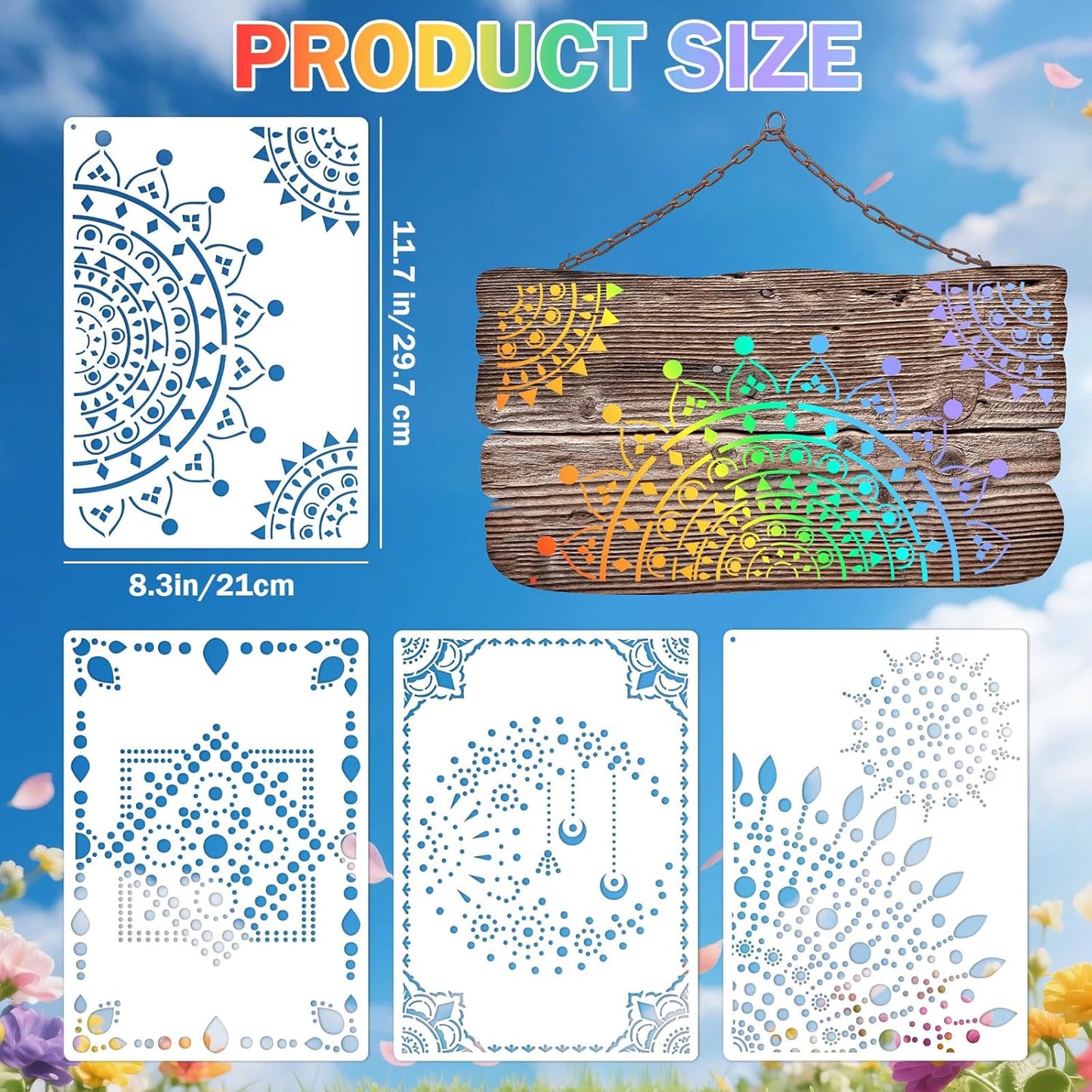 A4 Mandala 4 Pack 11x8'' Mandala Stencils for Painting on Wood, Floor, Wall, Tile Fabric, Reusable Furniture Stencils Painting Template