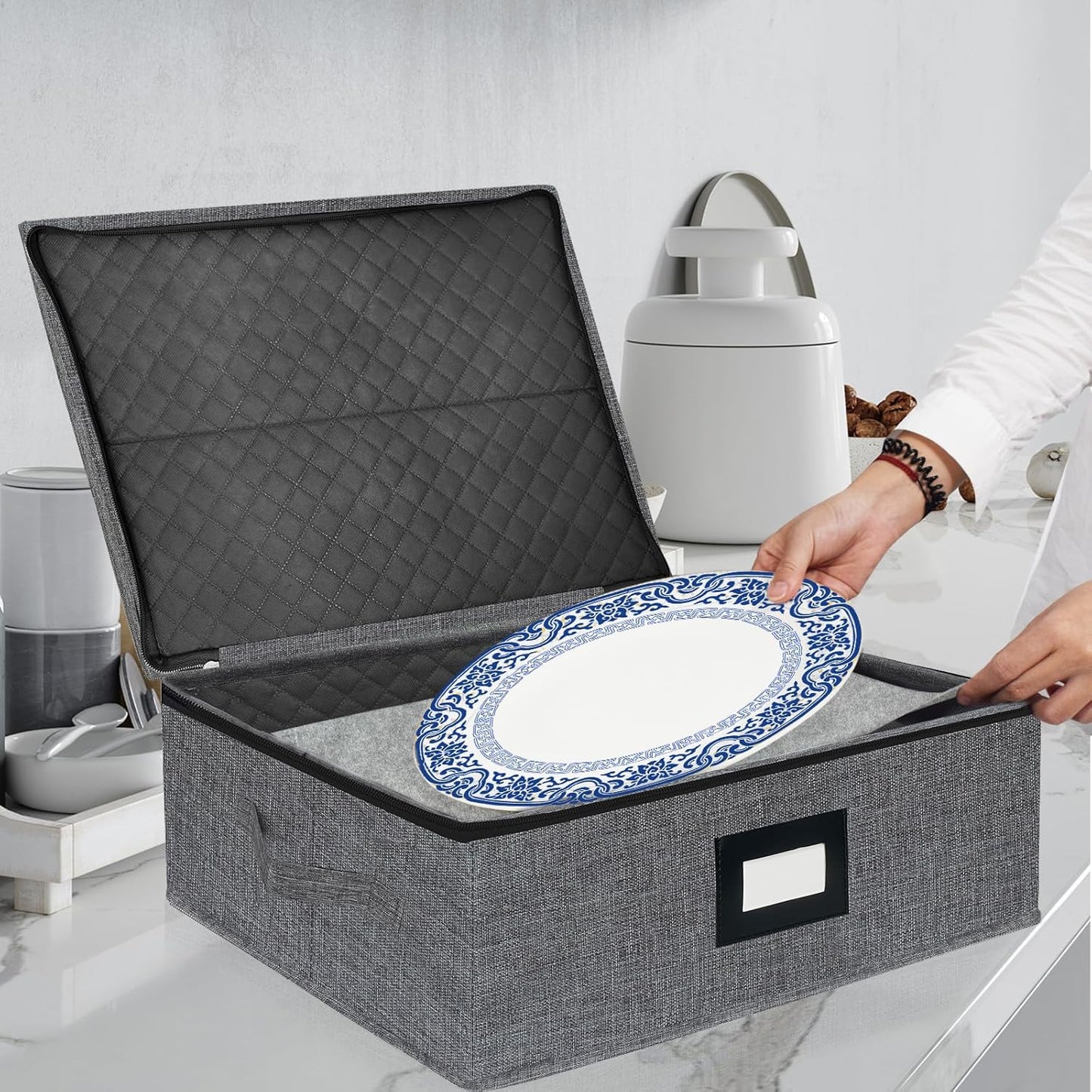 Platter Storage Case - Stackable China Storage Containers Hard Shell with Durable Zipper & Label & Sturdy Handles, 5.3” Height, Structured Top, 4 Felt Dividers Included (Dark Gray)