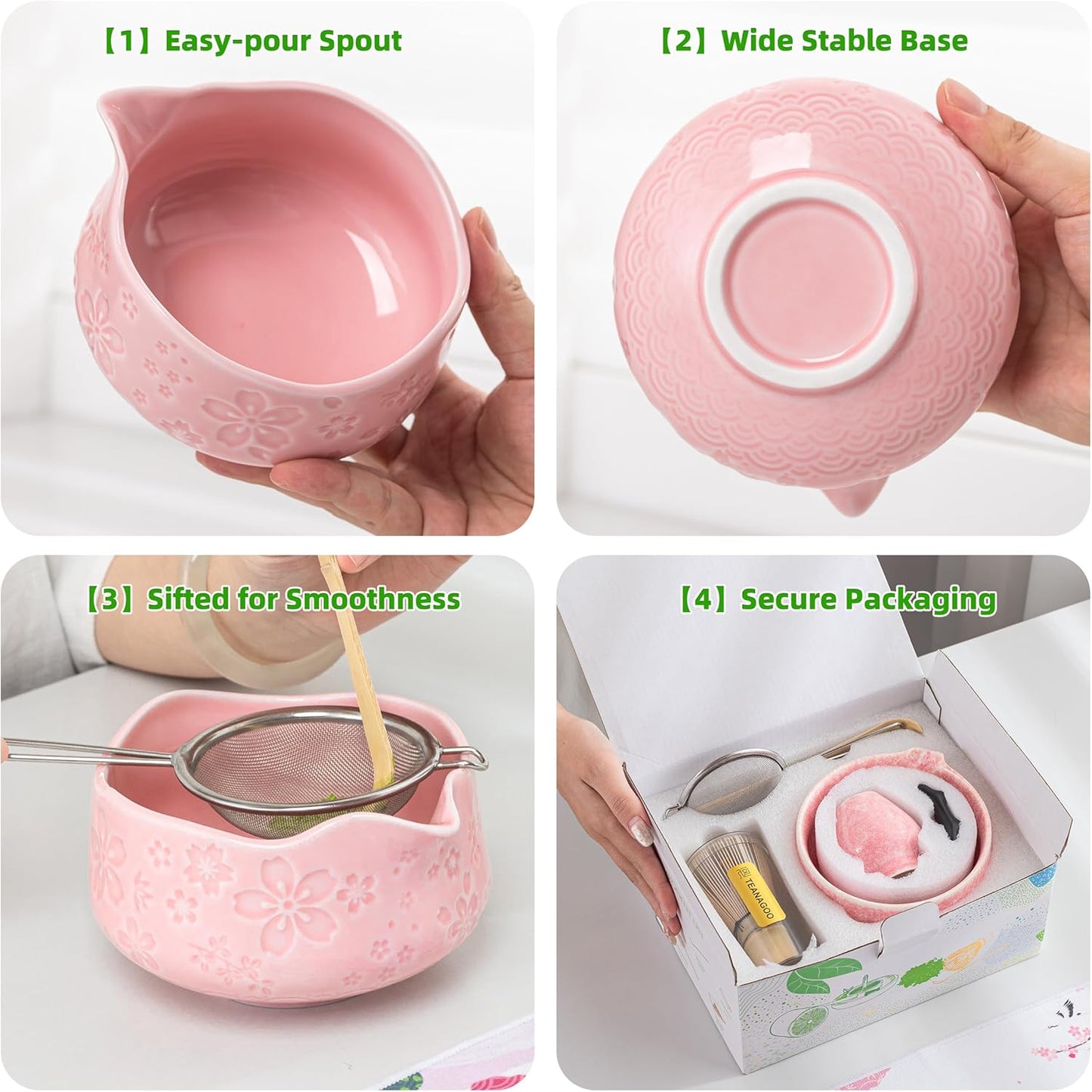 TEANAGOO 7-PCS Pink Matcha Whisk Set with Cherry Blossom Design, Complete Ceremony Kit, Ceramic Chawan Bowl with Spout, Whisk & Accessories, Traditional Matcha Tea Set for Lattes& Gift Giving