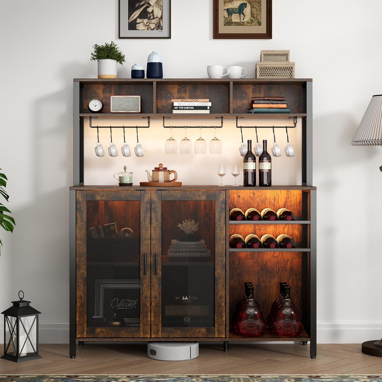 Loomie Wine Bar Cabinet with LED Lights, Industrial Coffee Bar with 3 Storage Compartments & Wine Rack &Glass Holder,Sideboard Buffet for Liquor and Glasses,Liquor Cabinet,Rustic Brown