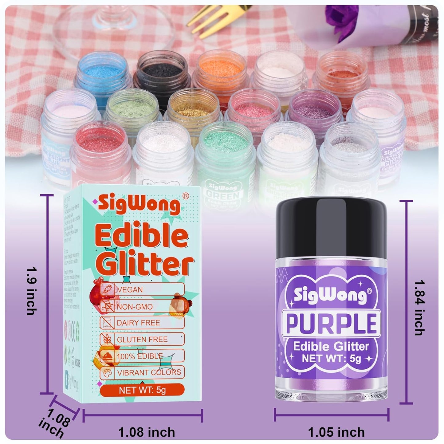Purple Edible Glitter - 5g Food Grade Cake Decorating Shimmering Glitter, Edible Sprinkle Luster Dust for Drinks, Chocolates, Fondant, Strawberries, Cupcakes, Candy, Cookie - Vegan