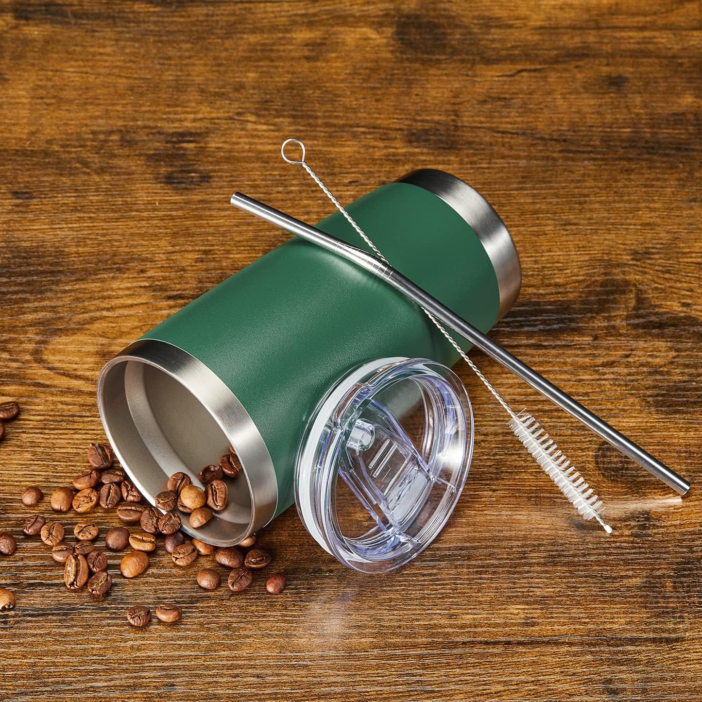 COMOOO 20oz Tumbler Bulk Double Wall Vacuum Insulated Travel Mug, Stainless Steel Tumbler with Lid and Straw Durable Powder Coated Insulated Coffee Cup for Cold & Hot Drinks (Dark Green, 2 pack