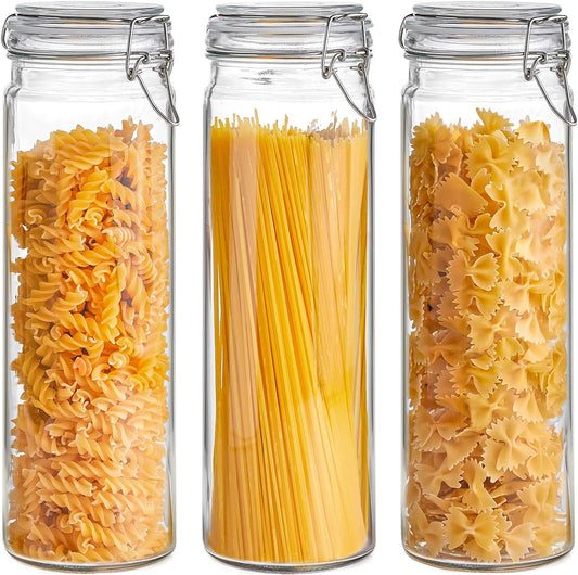 ComSaf 60oz Airtight Glass Jars Set of 3 with Lids Food Storage Jar Round - Tall Spaghetti Container with Clear Preserving Seal Wire Clip Fastening, Pasta jar for Kitchen Canning, Nut,Oat, Dry Goods
