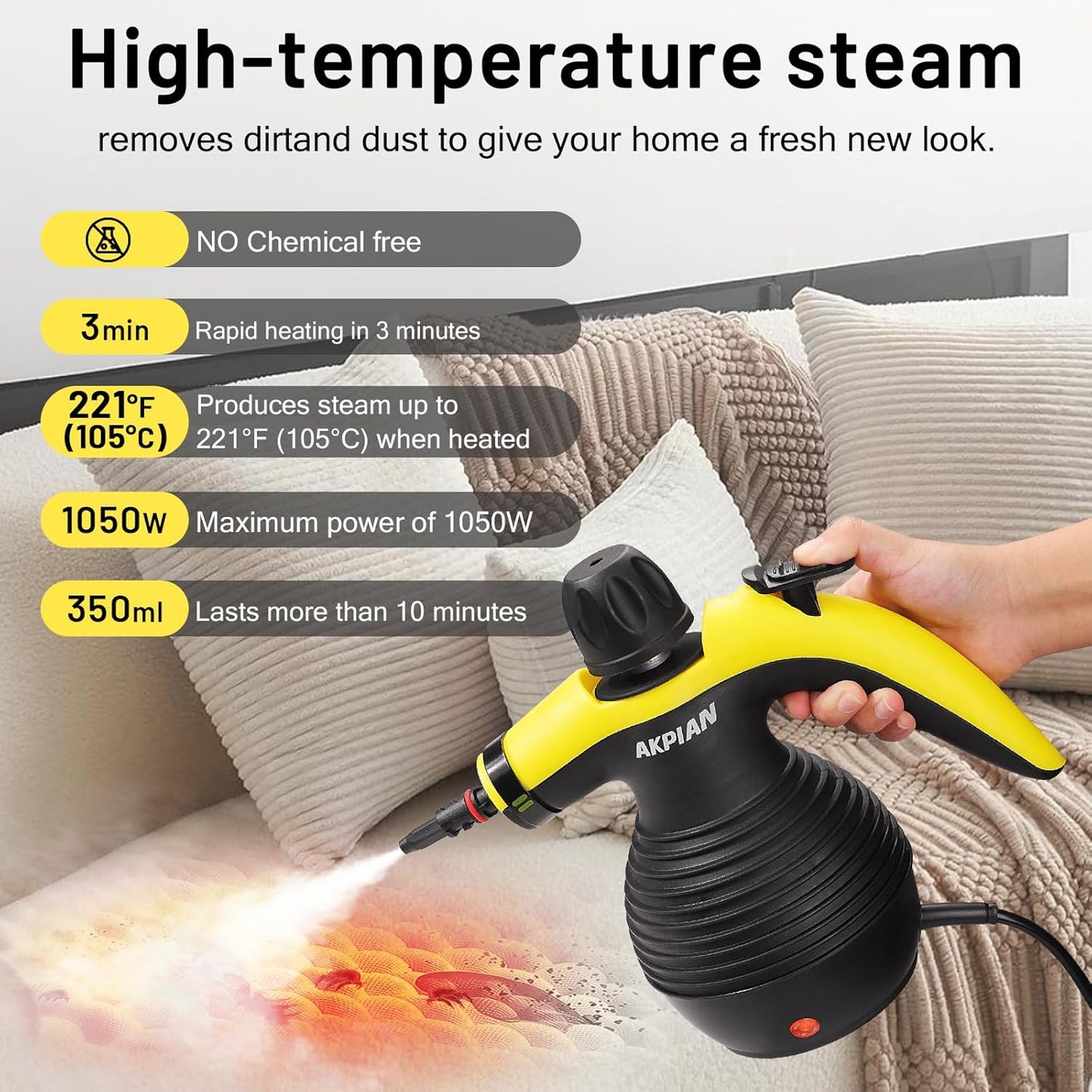 Handheld Steam Cleaner, Steamer for Cleaning, Multipurpose Portable Steam Cleaners for Home Use with Safety Lock and 10 Accessory Kit to Remove Grime, Grease, and More, Save Time and Effort