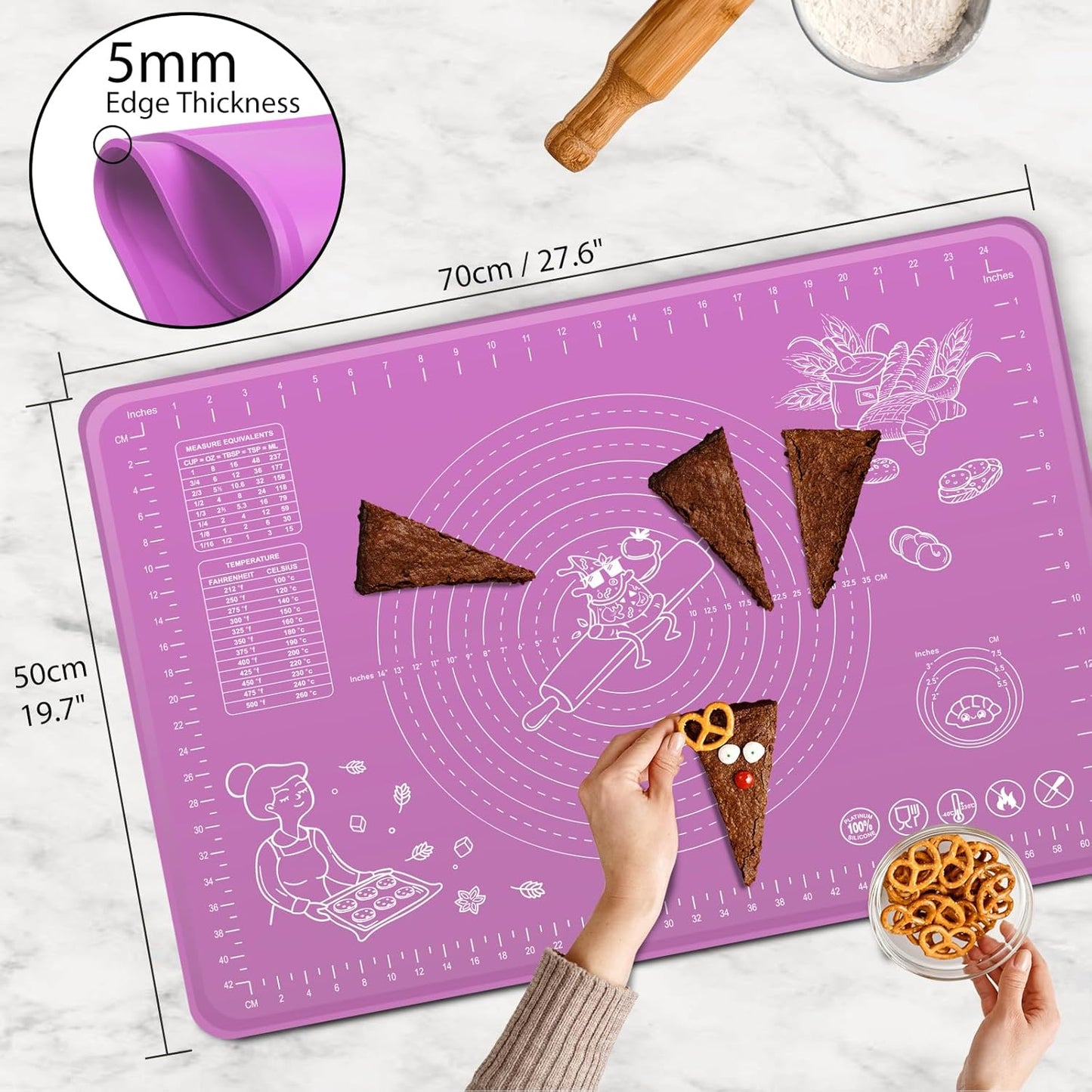 Silicone Baking Mat 28" x 20" Extra Thickness Dough Rolling Mat with Measurements and Edge Heightening, Non-stick Food Grade Silicone Pastry Mat for Pastry, Bread, Cookies, Pizza, Fondant, Pasta