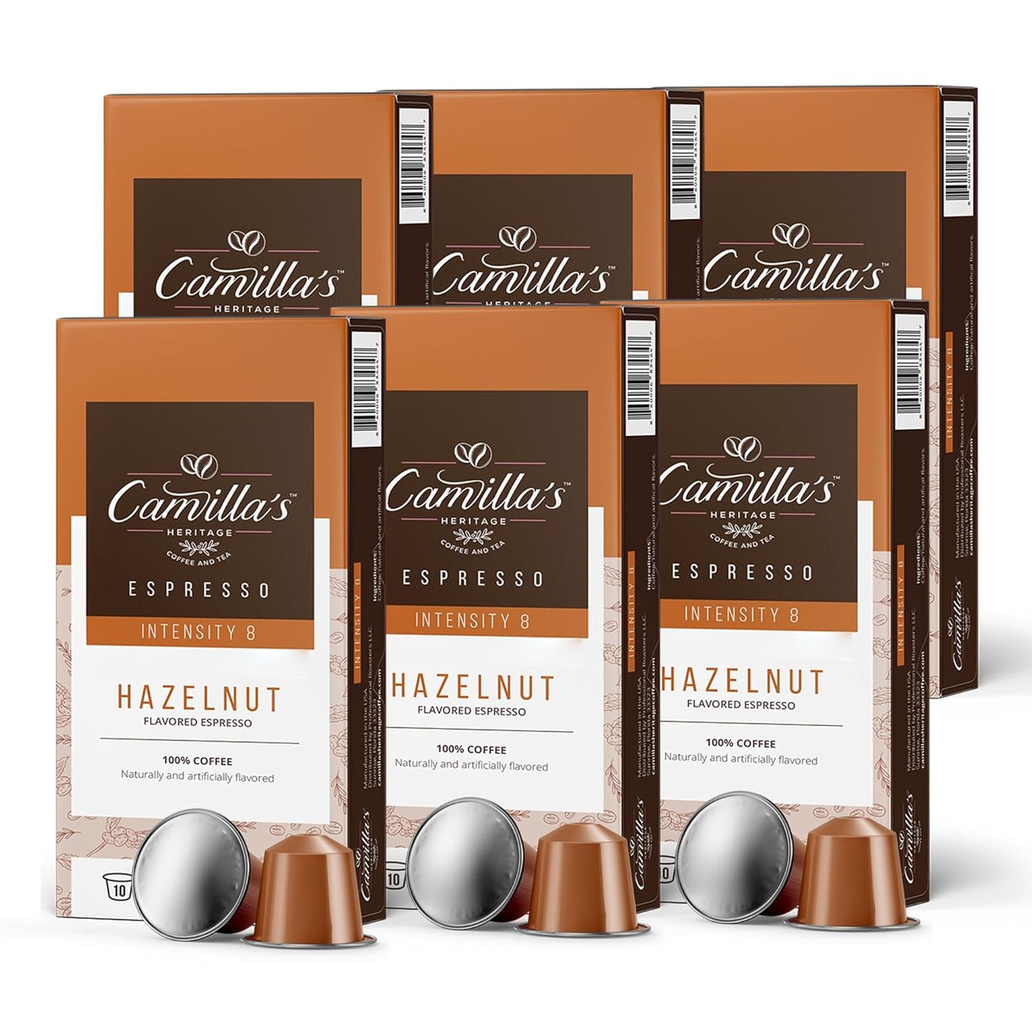 Camilla’s Heritage - Intensity 8 Hazelnut Flavored Espresso Coffee, Gourmet Espresso Cups, 60 Coffee Pods