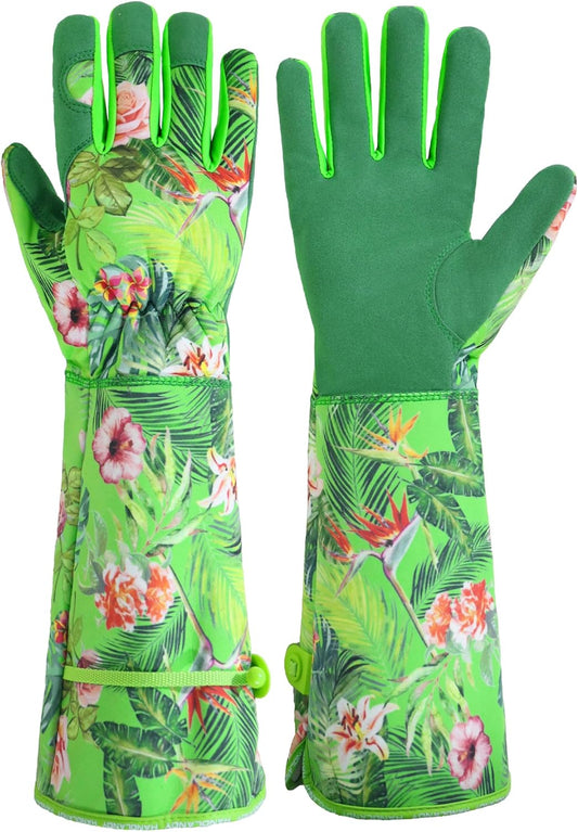 HANDLANDY Women Gardening Gloves, Scratch Resistant Breathable Ladies Rose Pruning Long Gauntlet Floral Print Garden Yard Gloves, Gift for Gardeners (Green, S)