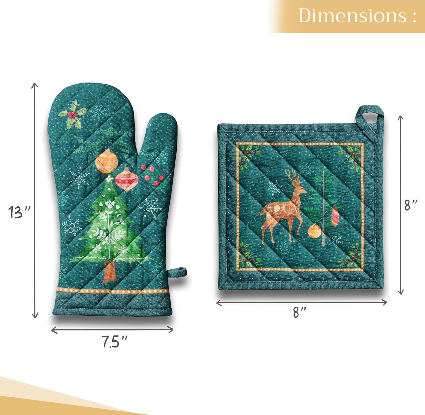 Maison d' Hermine 100% Cotton Oven Mitt & Pot Holder Set (7.5"x13" & 8"x8") Heat Resistant BBQ Cooking Gloves with Loop, Baking, Grilling, Kitchen, Handling Hot Pans (Hygge Christmas)