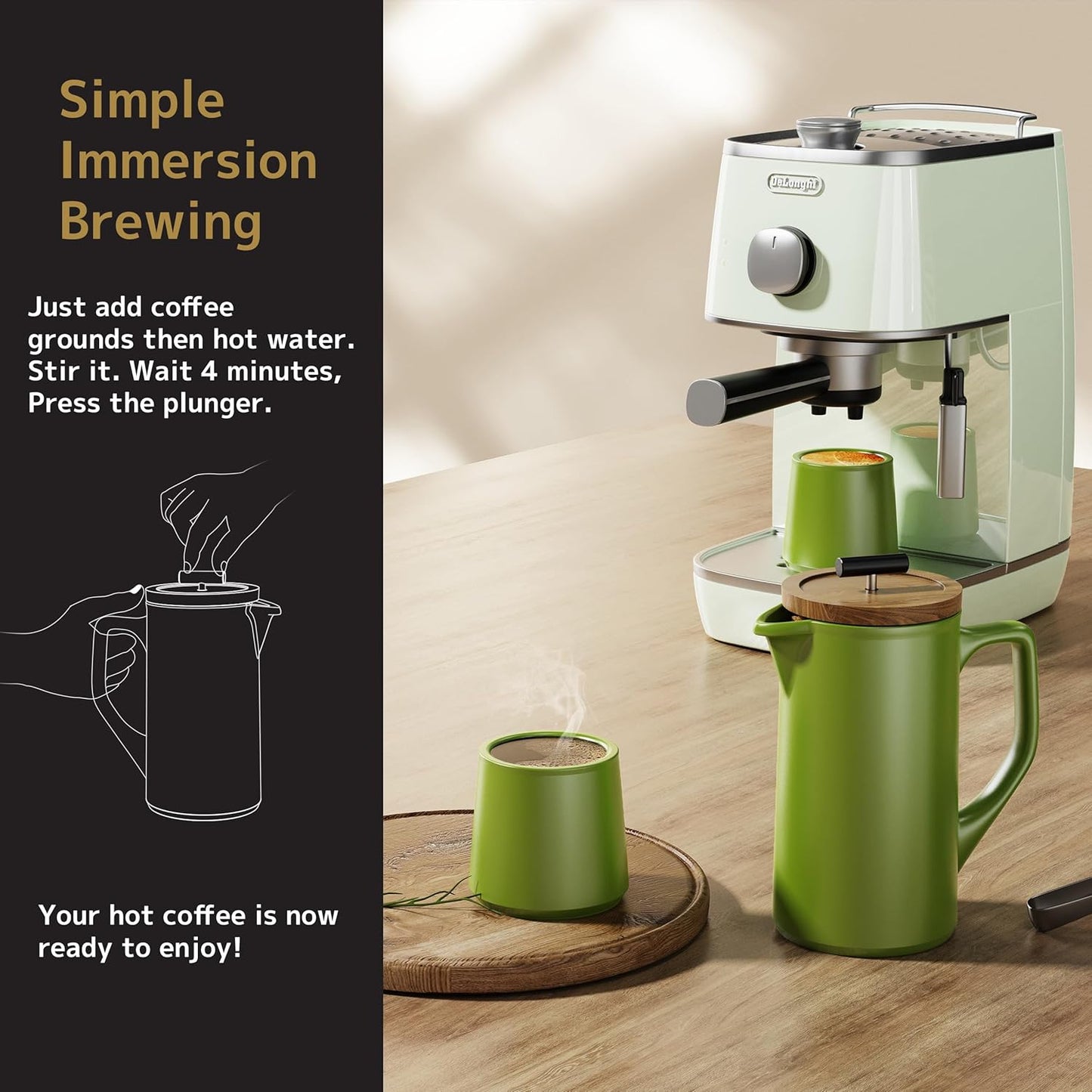 DHPO Ceramic French Press Coffee Maker, 22 Ounce Coffee Press Manual Brewer with Walnut Wood Lid, Premium Food Grade Stainless Steel Filter with Dual Screen for Coffee and Loose Tea, Gift Box, Green