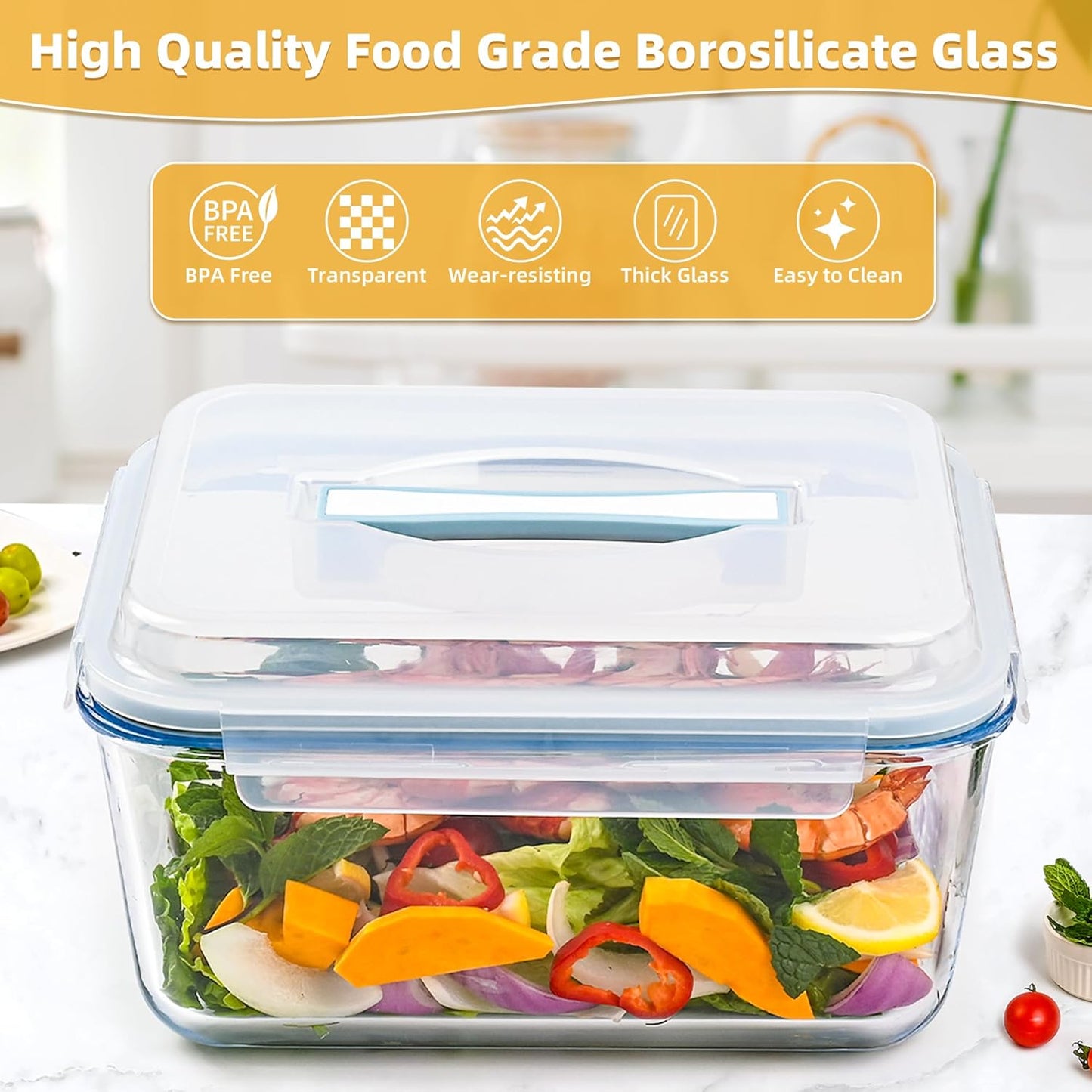 Glass Bread Box Airtight Bread Container, 190oz / 24Cup Large Glass Storage Containers with Lids, Ideal Airtight Food Storage Containers, Roasting Turkey/Chicken/Cookie, Oven&Dishwasher Safe