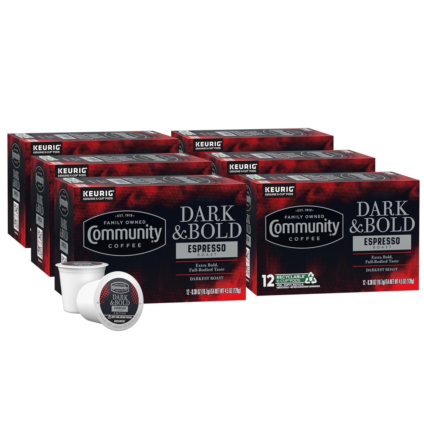 Community Coffee Dark & Bold Espresso Roast Coffee Pods, 72 count, Extra Dark Roast Compatible with Keurig 2.0 K-Cup Brewers, 12 Count (Pack of 6)
