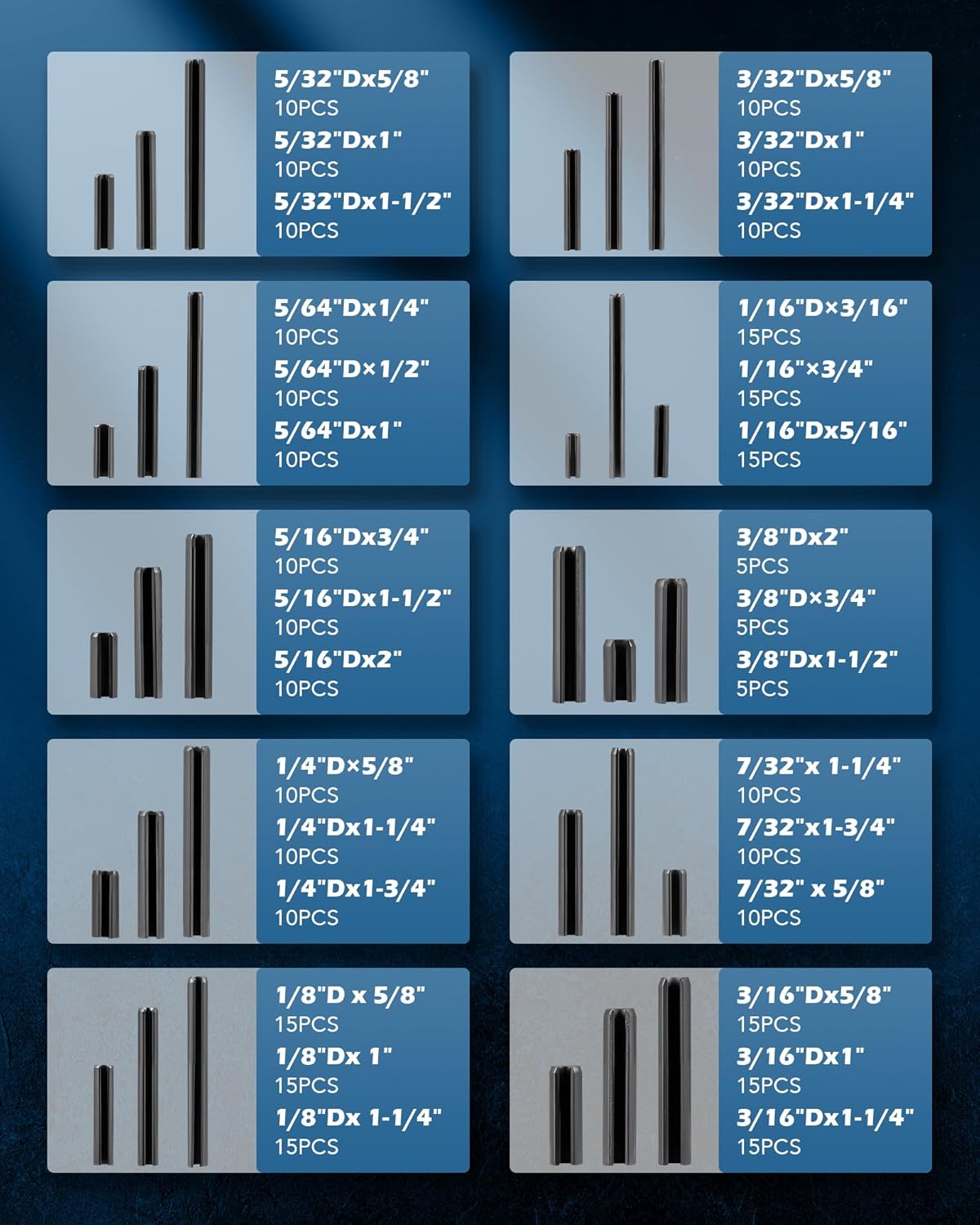 ZELCAN 330pcs SAE Roll Pin Set, Split Expansion Pin Assortment Kit for Home Improvement Automotive Repair More, 5/32 3/32 5/16 3/8 1/4 7/32 5/64 1/16 1/8 3/16 Inch Slotted Spring Pins, Various Lengths