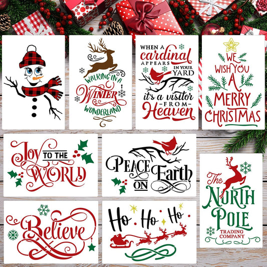 Christmas Stencils for Painting 12x8” Large Christmas Stencil Cardinal Believe Snowman Xmas Holiday Drawing Templates for Wood Shirts Door Mat Porch Hanger Decor(XMS Stencil 14-9p/12x8in)