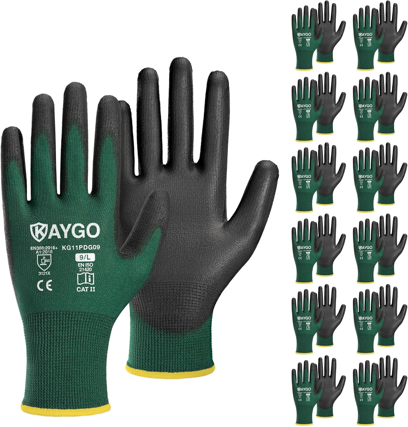 KAYGO Safety Work Gloves PU Coated,12 Pairs KG11PB Seamless Knit Glove for Men and Women, with Smooth Grip on Palm and Fingers, Ideal for General Duty Work (Large,Dark Green)