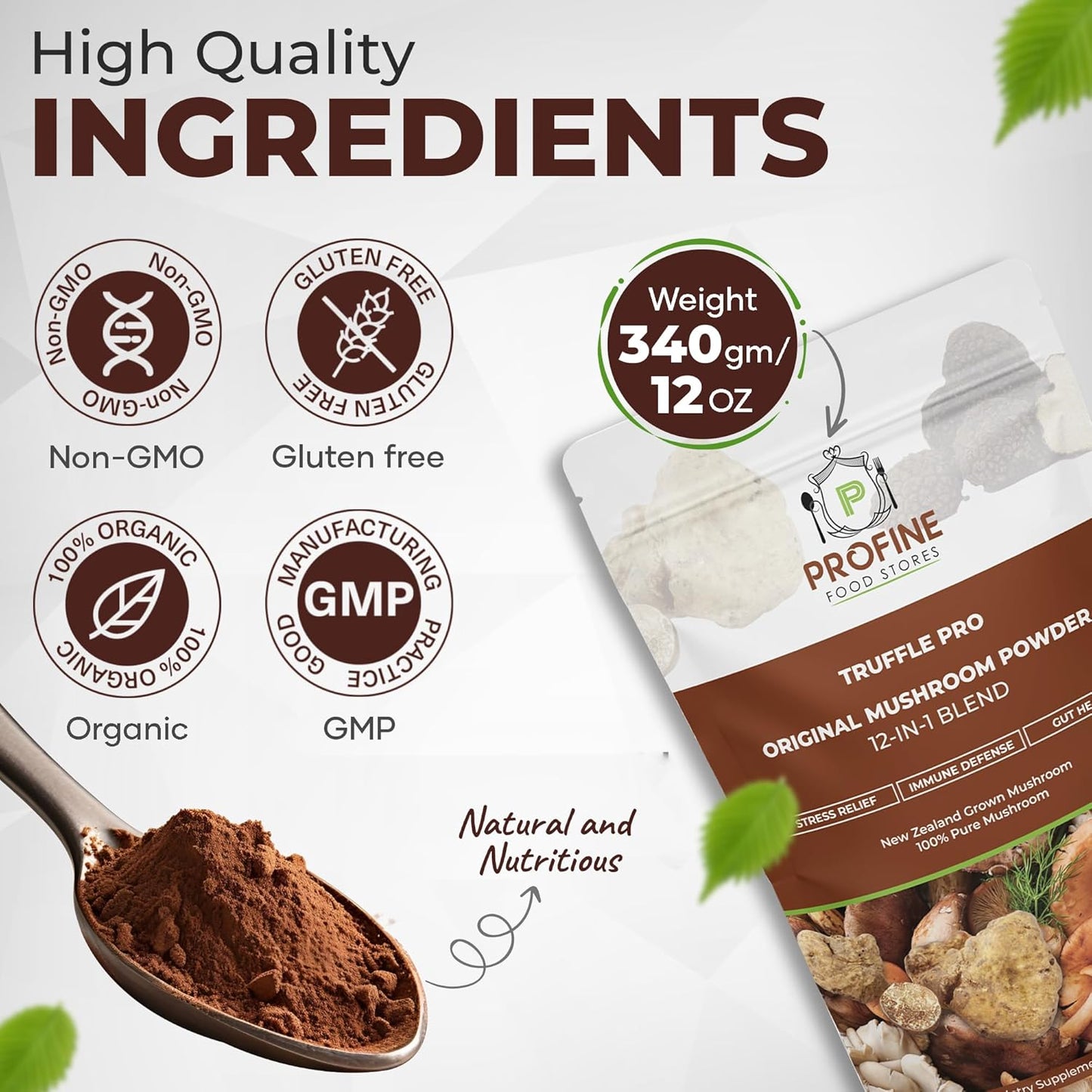 PROFINE Truffle PRO Mushroom Powder 12- in - 1 Super Blend with Black Truffle and White Truffle - USDA Organic - Supplement - Add to Coffee/Tea/Smoothies - Whole Mushrooms - No fillers