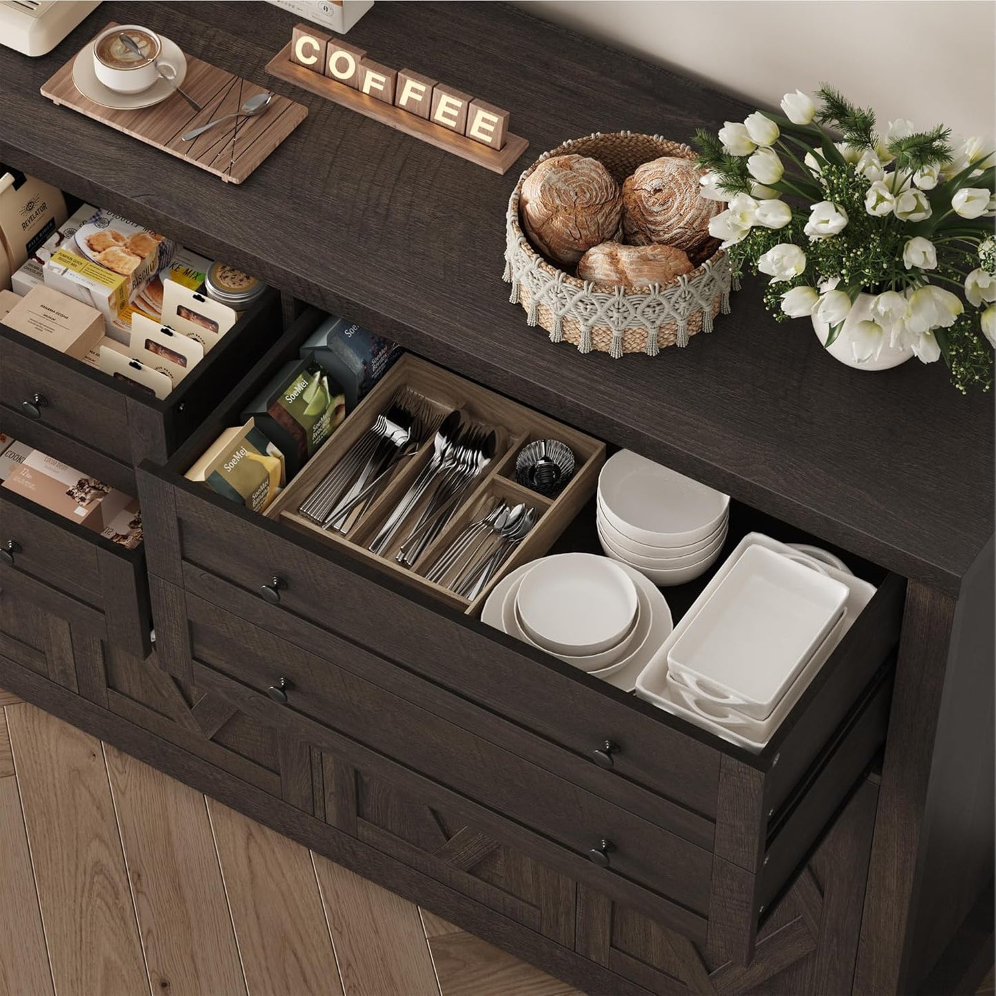 HOSTACK 55" Coffee Bar with 4 Large Drawers, 40" Tall Buffet Cabinet with Storage, Kitchen Storage Cabinet, Modern Farmhouse Sideboard Buffet, Adjustable Shelves for Living Room, Dark Brown