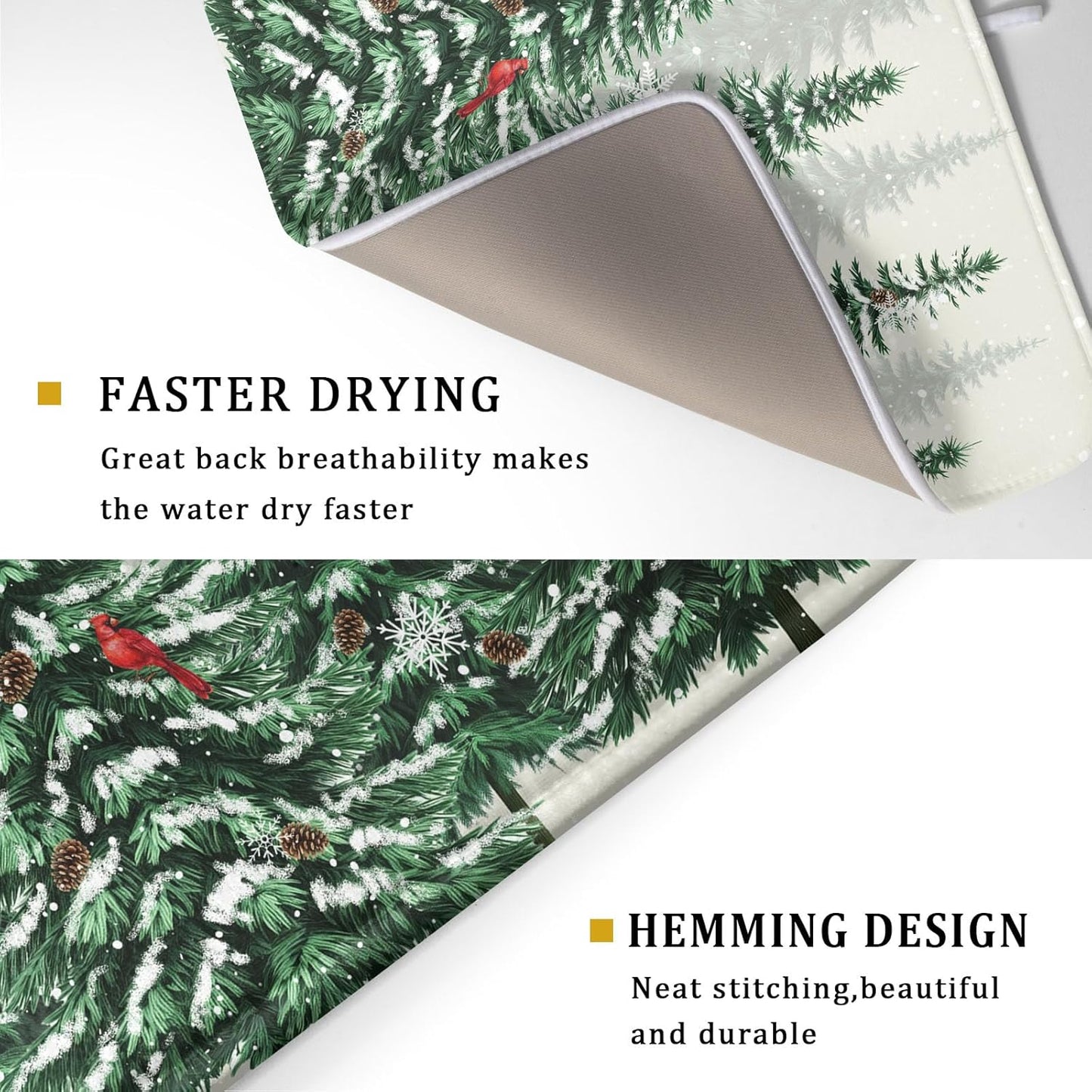 Winter Green Pine Tree Dish Drying Mat for Kitchen Counter,Red Bird Snowflake Drying Mat 18 x 24 Inch with High Absorbent Microfiber Drainer Mat for Coffee Bar