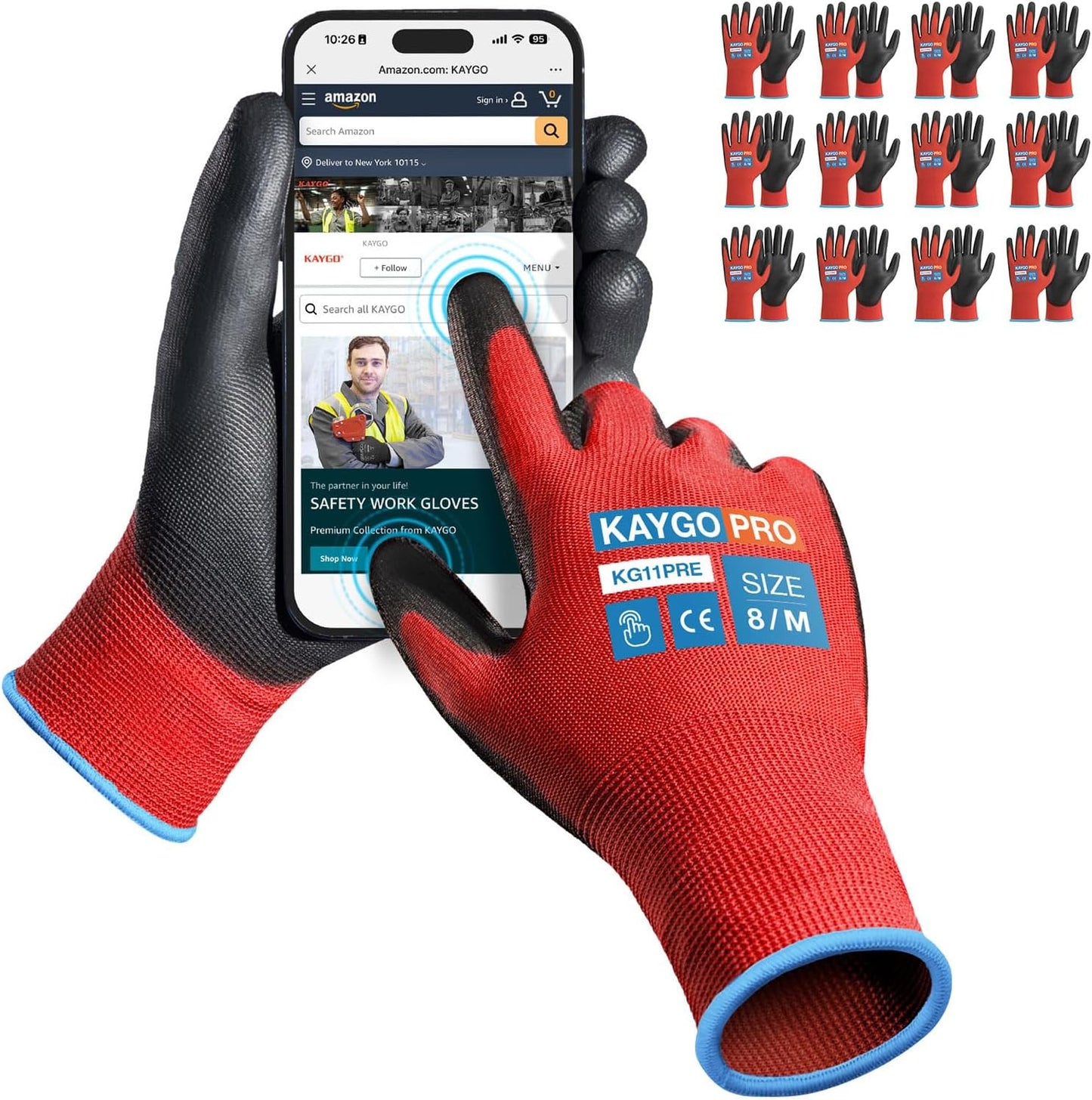 KAYGO Safety Work Gloves PU Coated for Men and Women- KG11P,12 Pairs,Seamless Knit Glove with Two Fingers Touchscreen,Ideal for General Duty Work (Red,M)