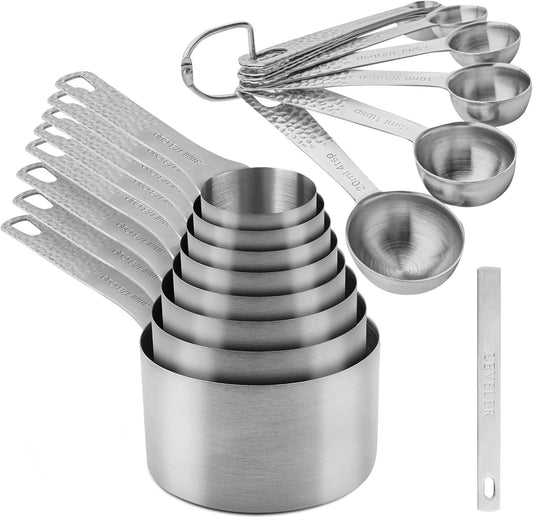 Measuring Cups and Spoons Set 20 for Dry & Liquid, Metric & US 18/8 Stainless Steel Measure Cups and Spoons Set with Leveler for Baking & Kitchen